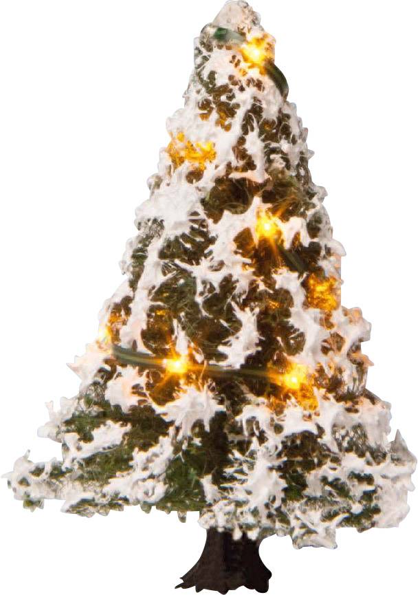 A Christmas tree decorated with artificial snow and glowing lights.