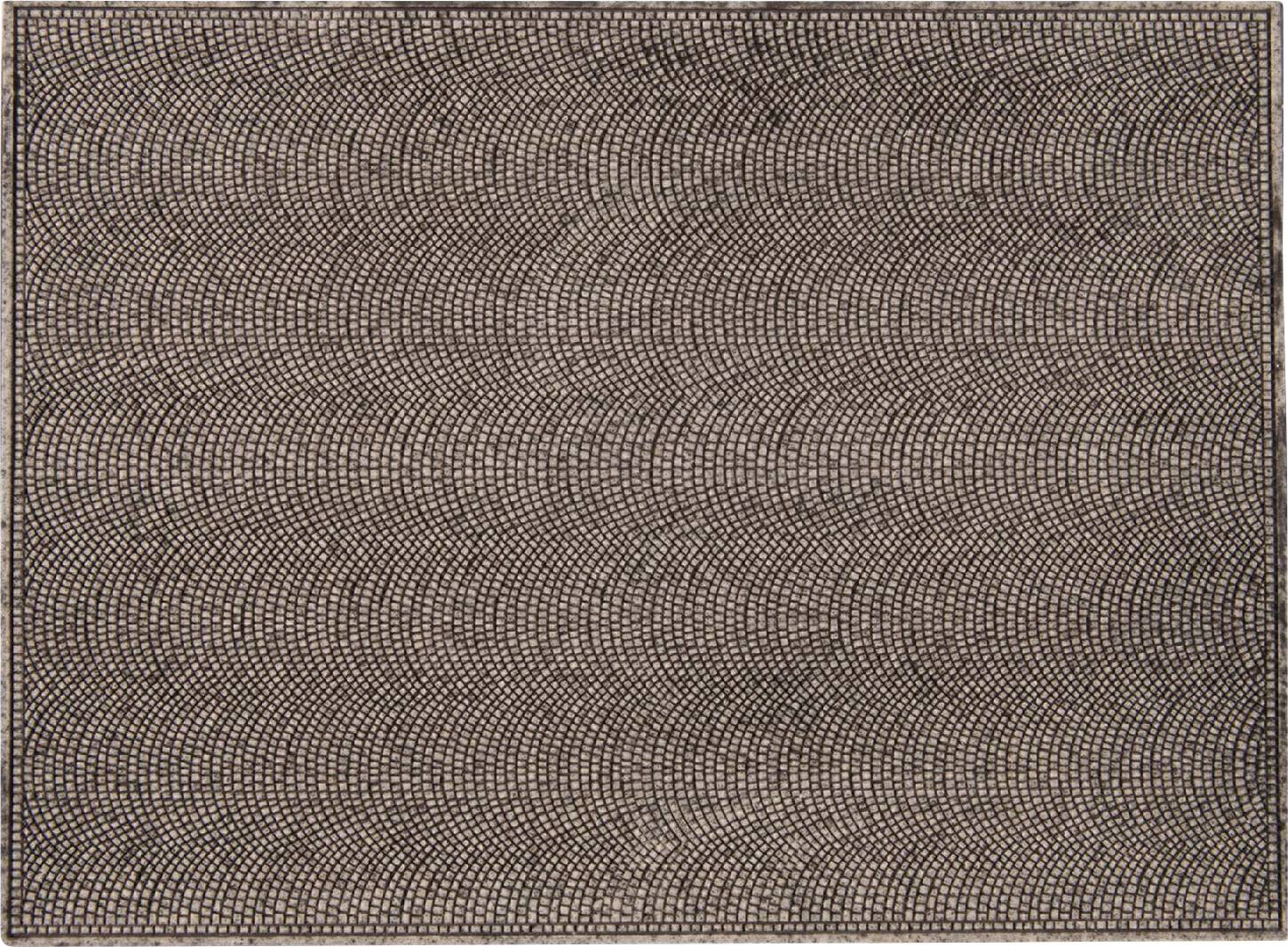 Abstract artwork with a wavelike pattern of repeating dots in black and brown, creating an optical illusion.