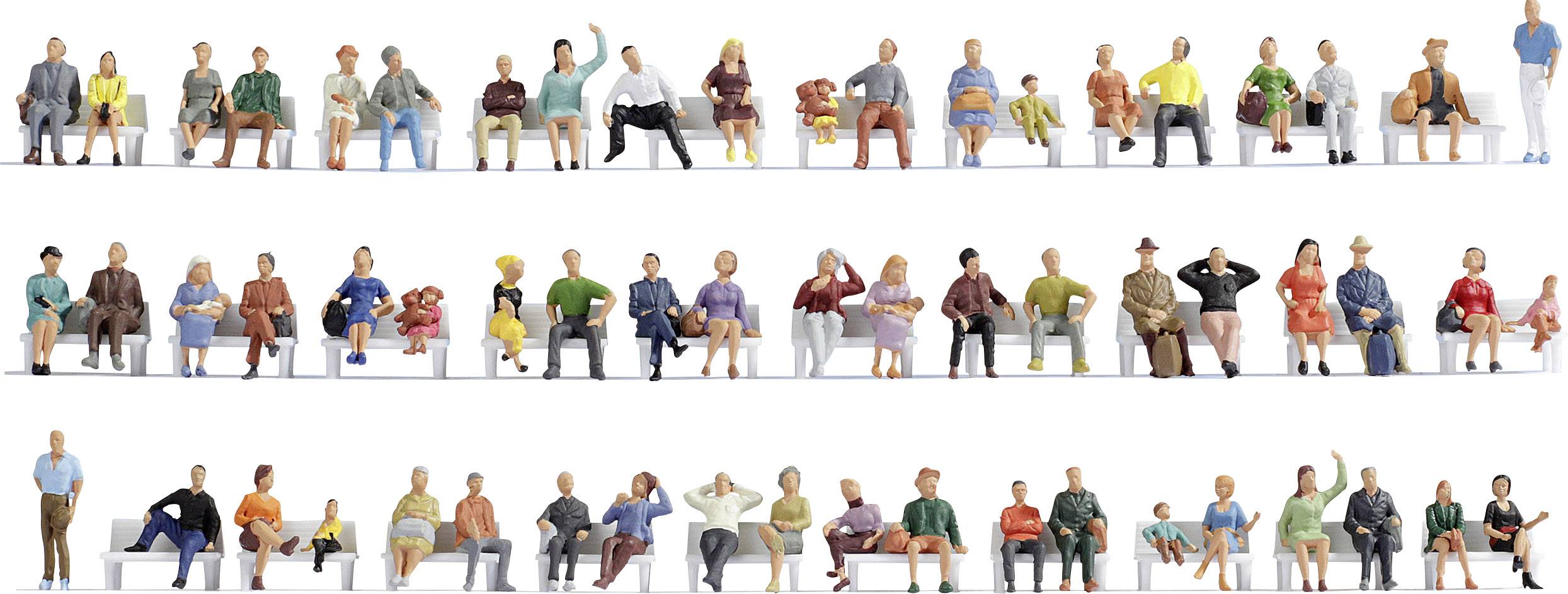 Miniature models of people in a wide variety of clothing and postures, seated in three parallel, side-by-side rows.