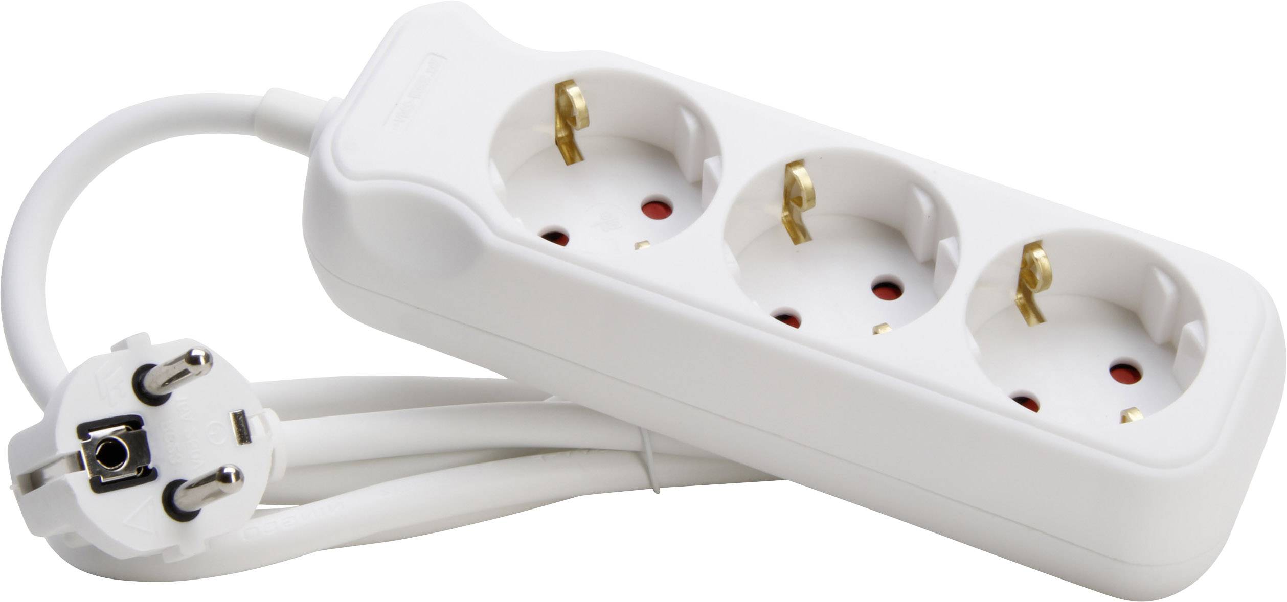 Three-way Socket Strip with White Cable. Suitable for simultaneously powering three devices. Ideal for home or office.