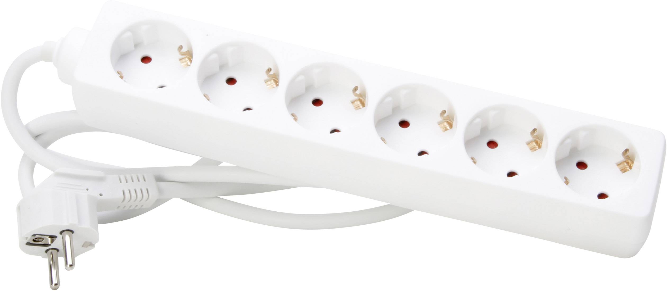 White six-way extension socket with a long cable, suitable for connecting multiple electrical devices.