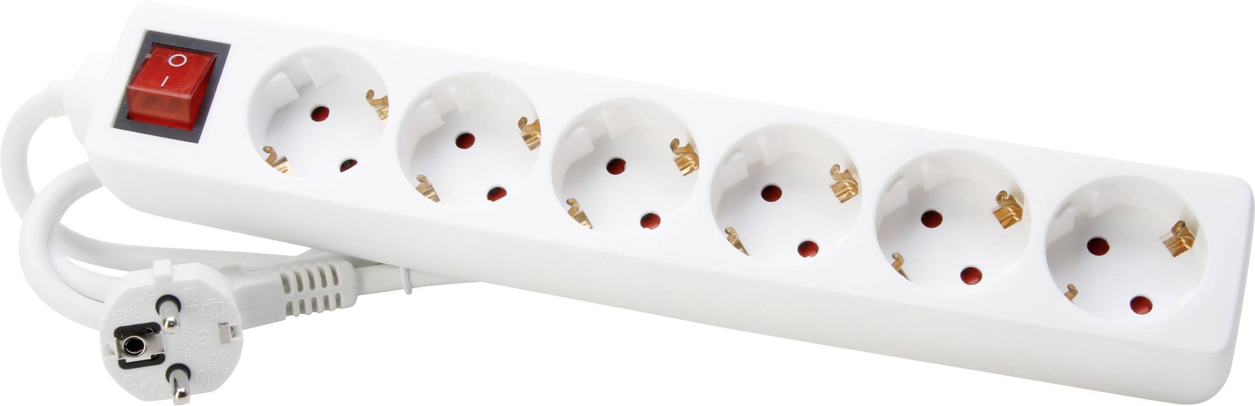 A white six-socket power strip with a red on/off switch on the side.