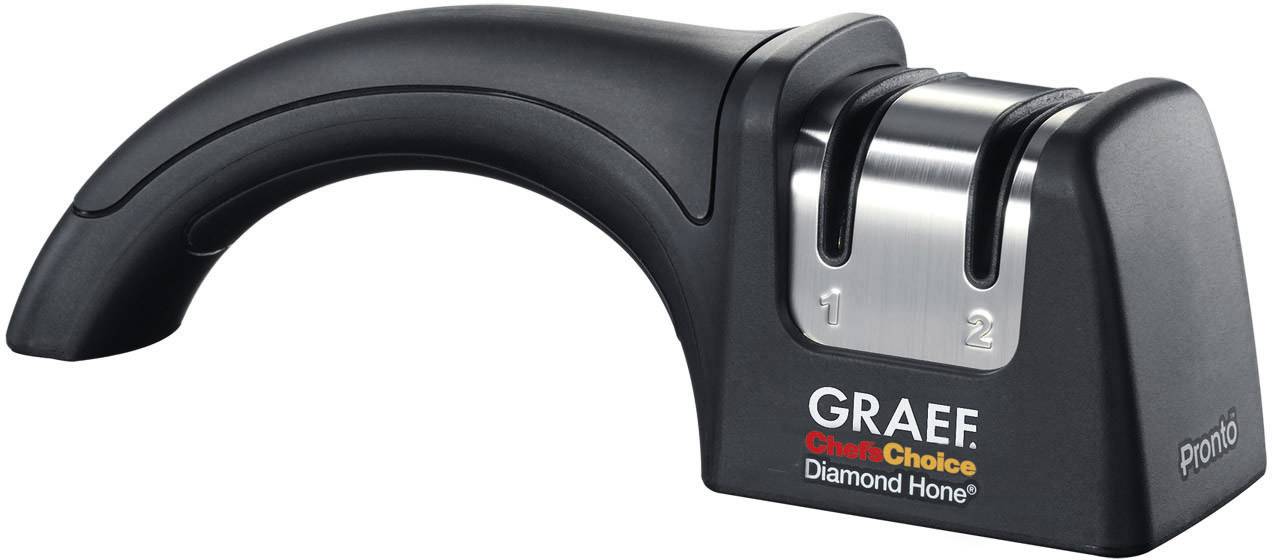 Black and silver knife sharpener with two sharpening slots and handle, with the Graef brand name printed underneath.