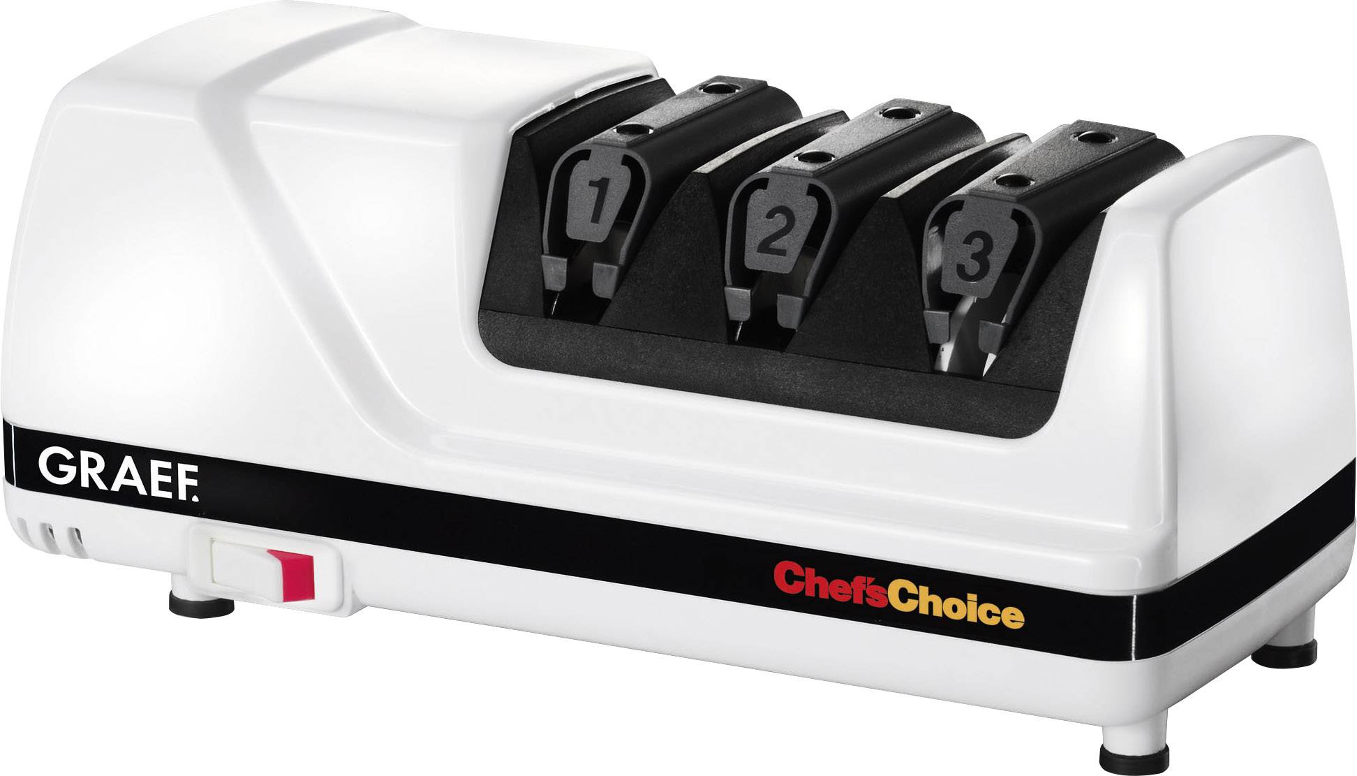 Electric knife sharpener with three slots, marked with numbers 1 to 3. Brand names 'Graef' and 'ChefsChoice' visible.