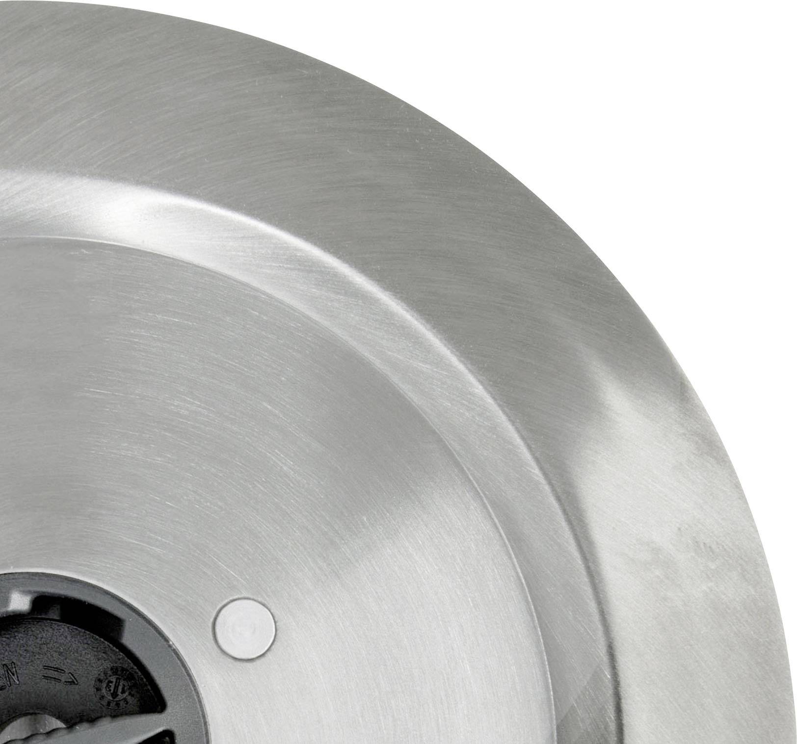 Metal cutting blade of a blender with a smooth, shiny surface, showing details of attachment and blade structure.