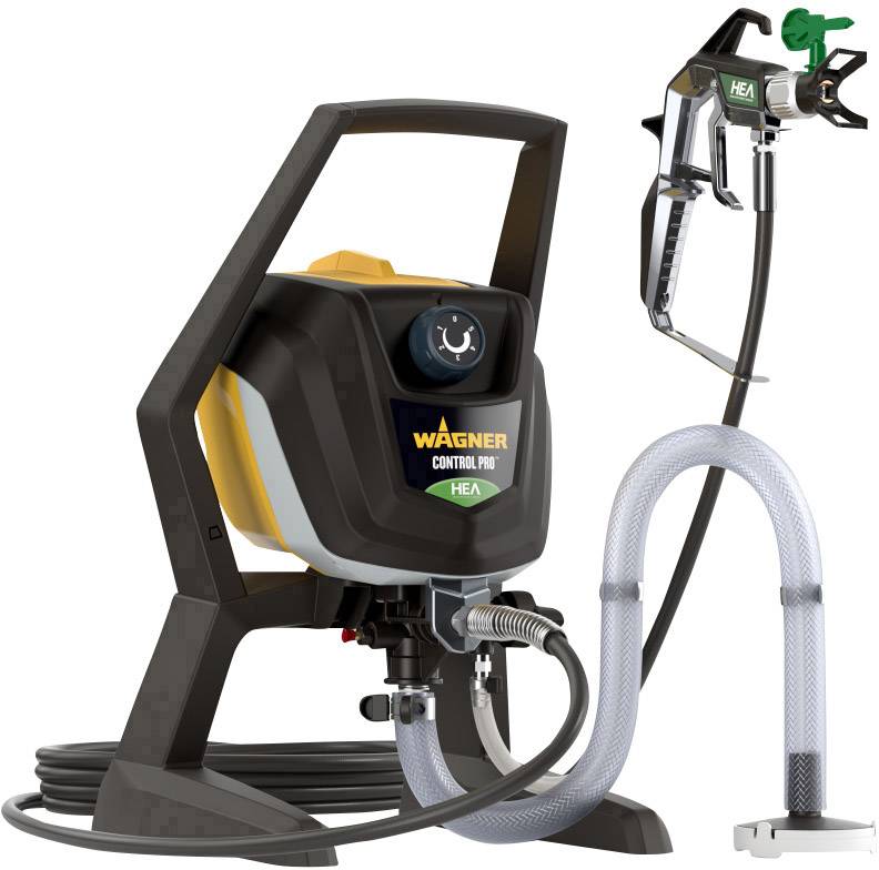 Paint spraying device with spray gun, hose and stable base, suitable for precise and efficient application of paints and varnishes.