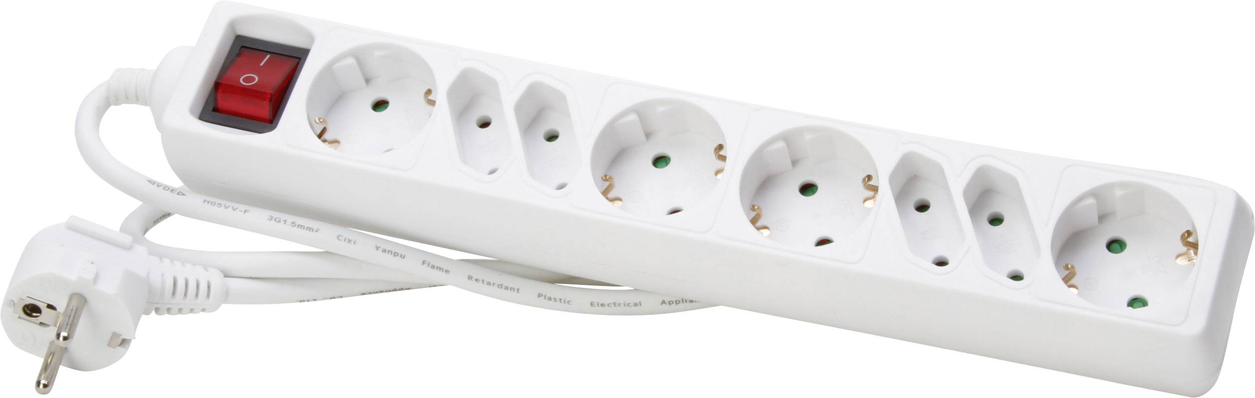 White six-socket extension lead with a red power switch, connected to a mains lead with a Schuko plug.