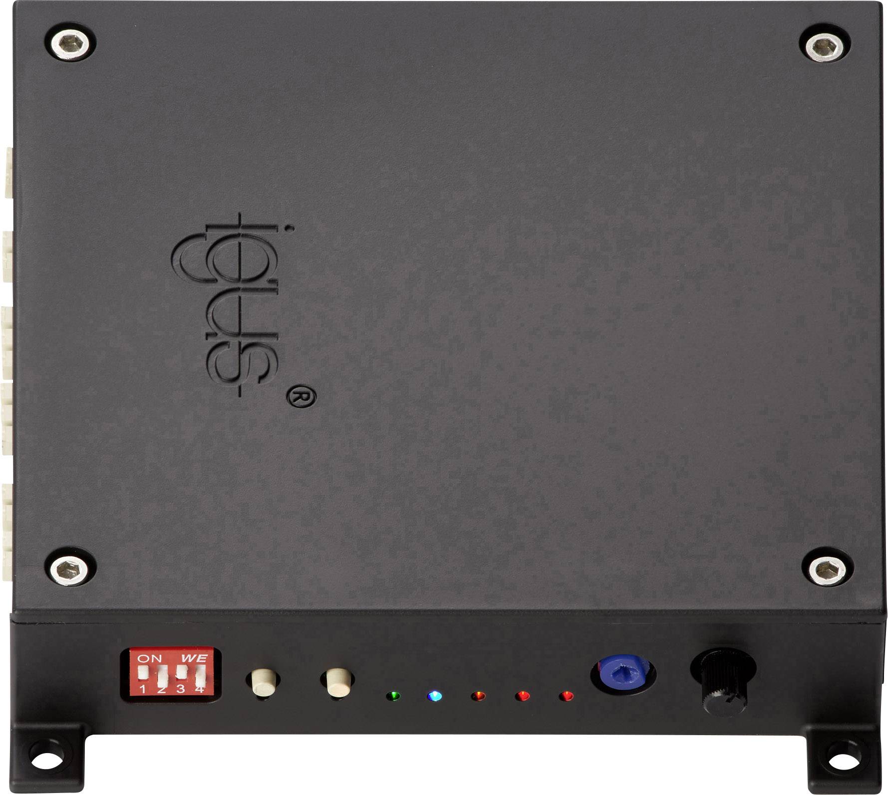 Black-grey electronic control box with multiple switches and indicator lights. In the top left are a logo and LED displays.