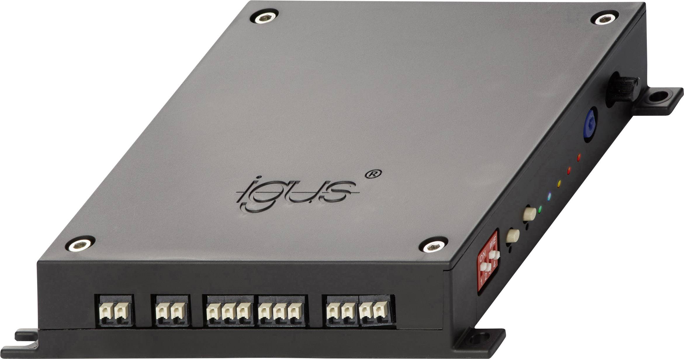 A rectangular black device with the 'igus' logo and multiple connection terminals on the front panel. Colourful LEDs on the left side.