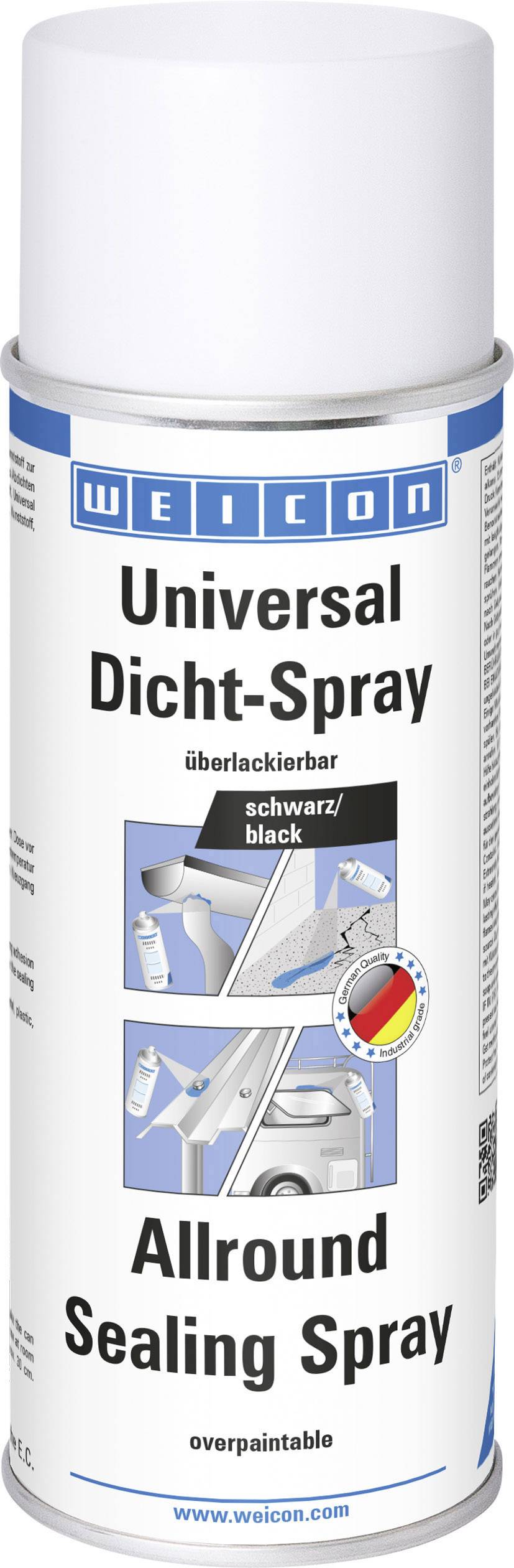 A spray can of 'WEICON Universal Sealing Spray', overpaintable, black, showing application images and the German quality seal.