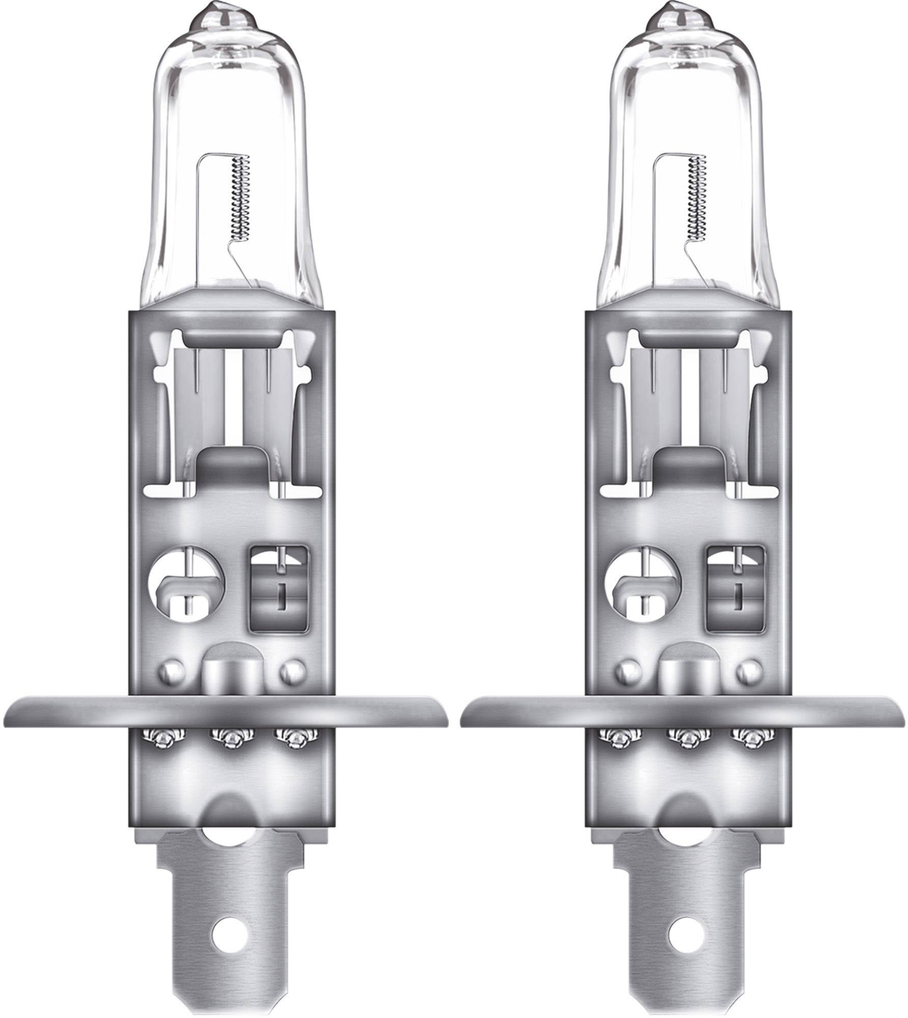 Two halogen headlight lamps, silver metal base, transparent glass housing.
