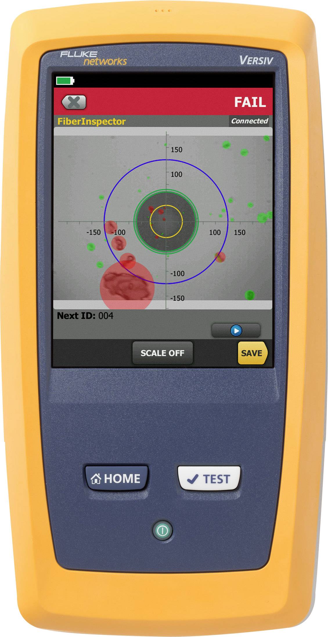 The image shows a handheld device named 'FiberInspector' displaying a test status of 'FAIL'. A graphical diagram is visible on the screen.