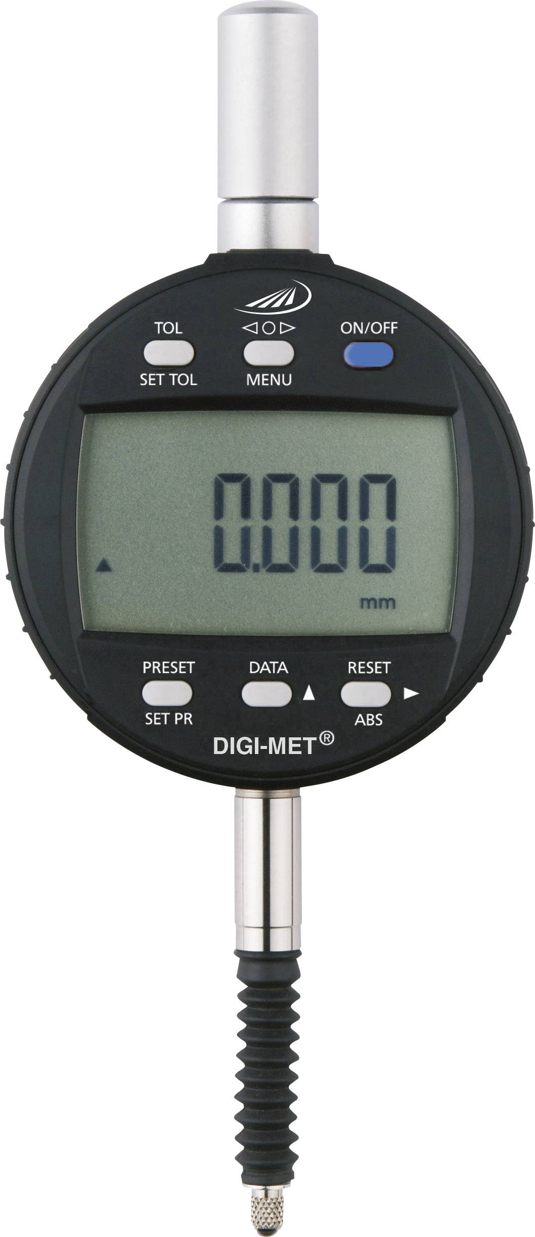 Digital measuring device with display, showing '0.000 mm'. There are buttons for preset, data, absolute setting, and on/off.