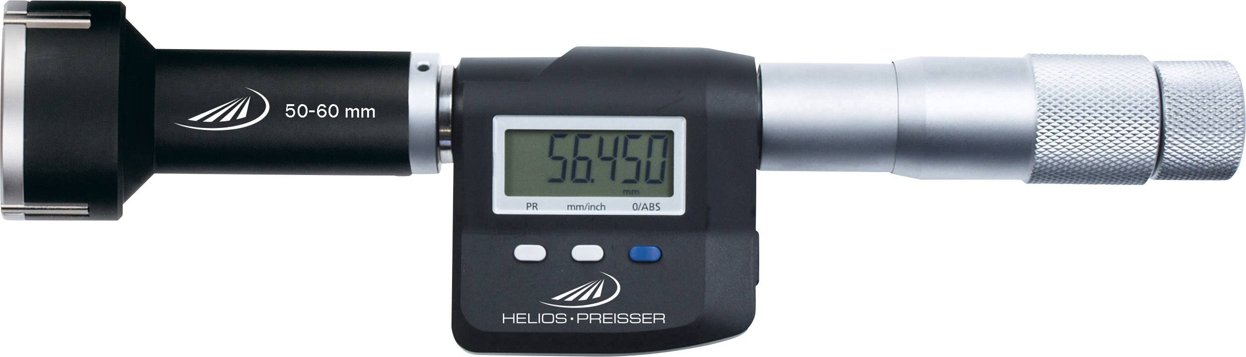 Digital external micrometer with LCD display showing '56.450'. Measurement range 50-60 mm. Silver shaft, black housing, three control buttons.