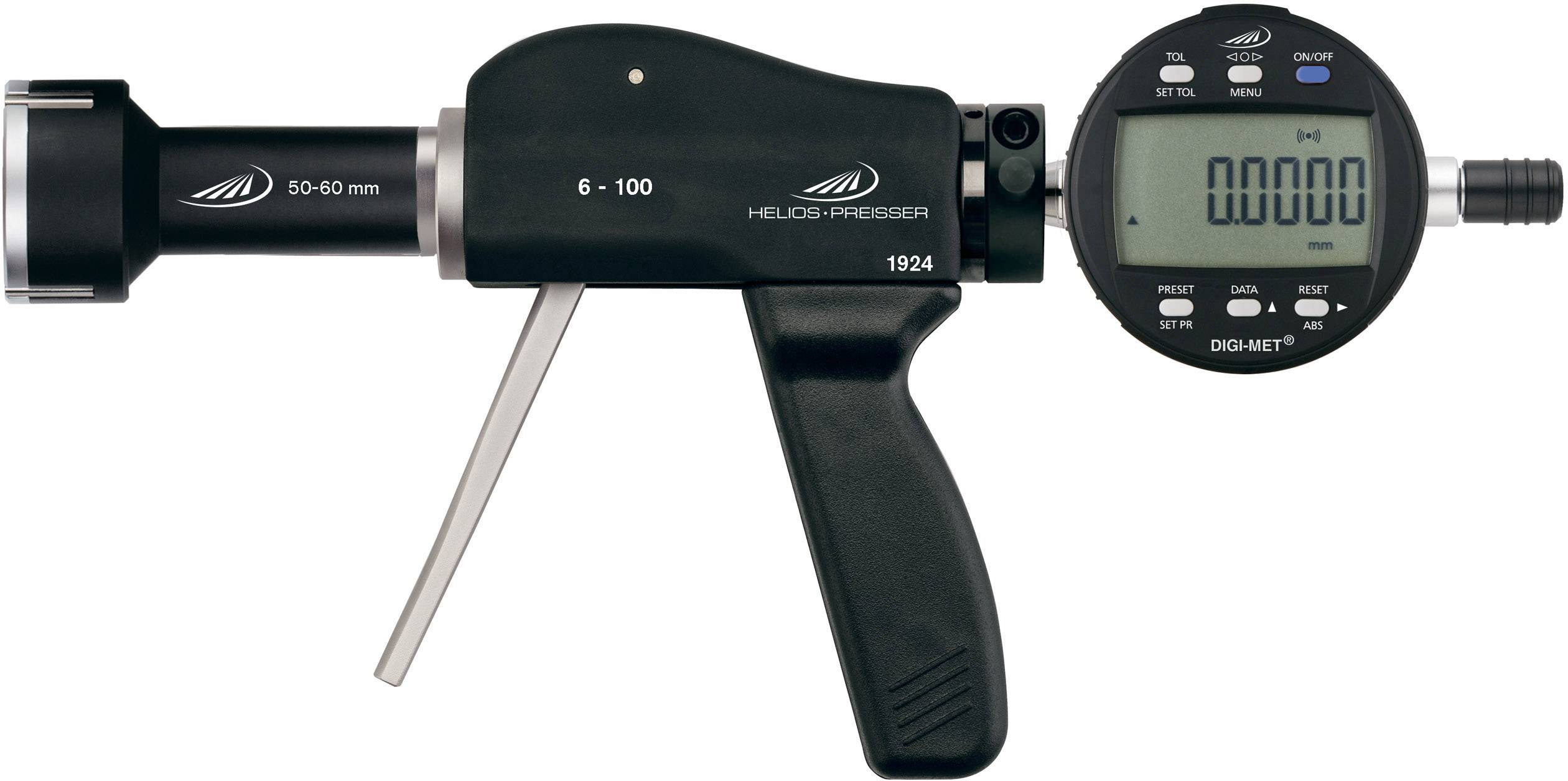 Precision measuring instrument with digital display; measures internal diameter of 50-60 mm. Main body black, measurement display on the right.