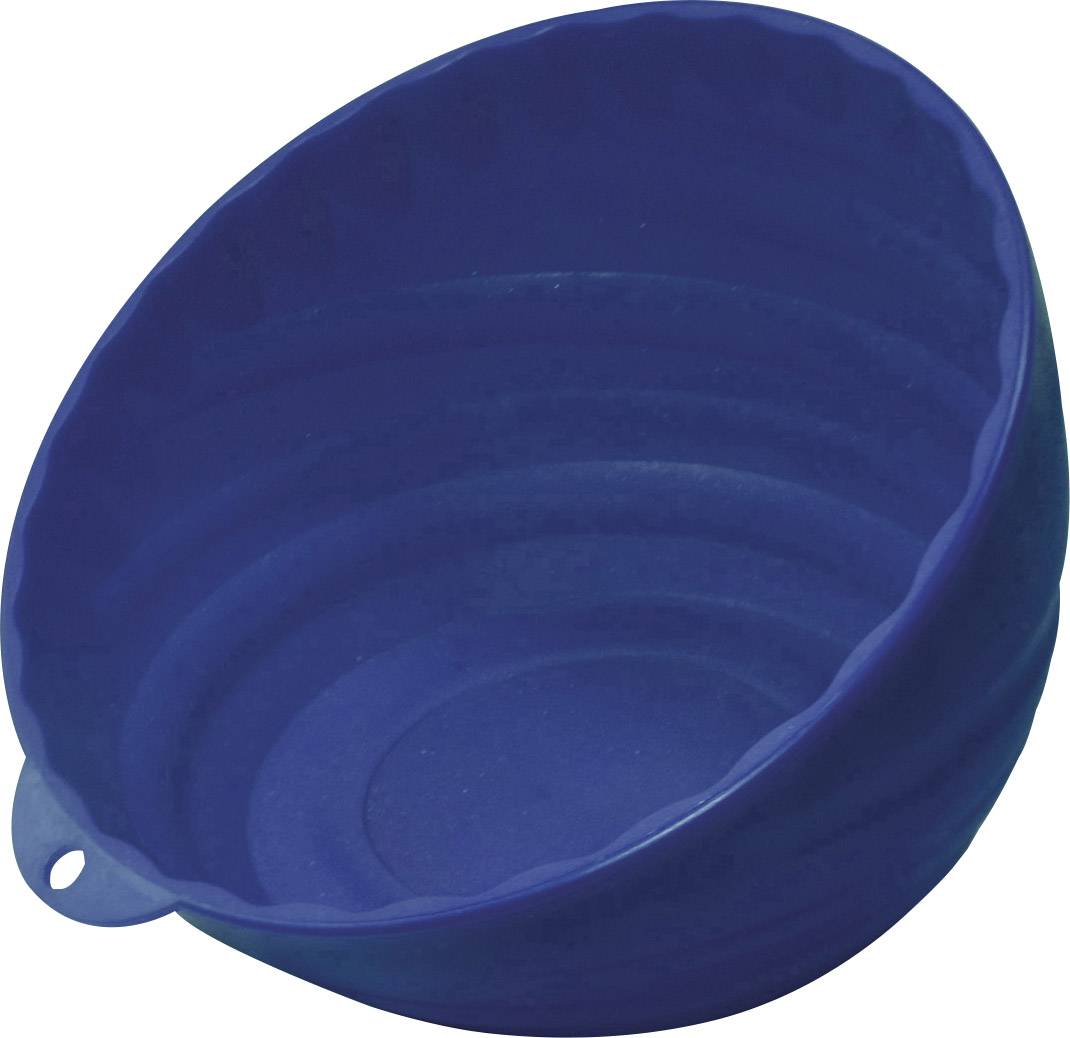 A collapsible blue silicone bowl.