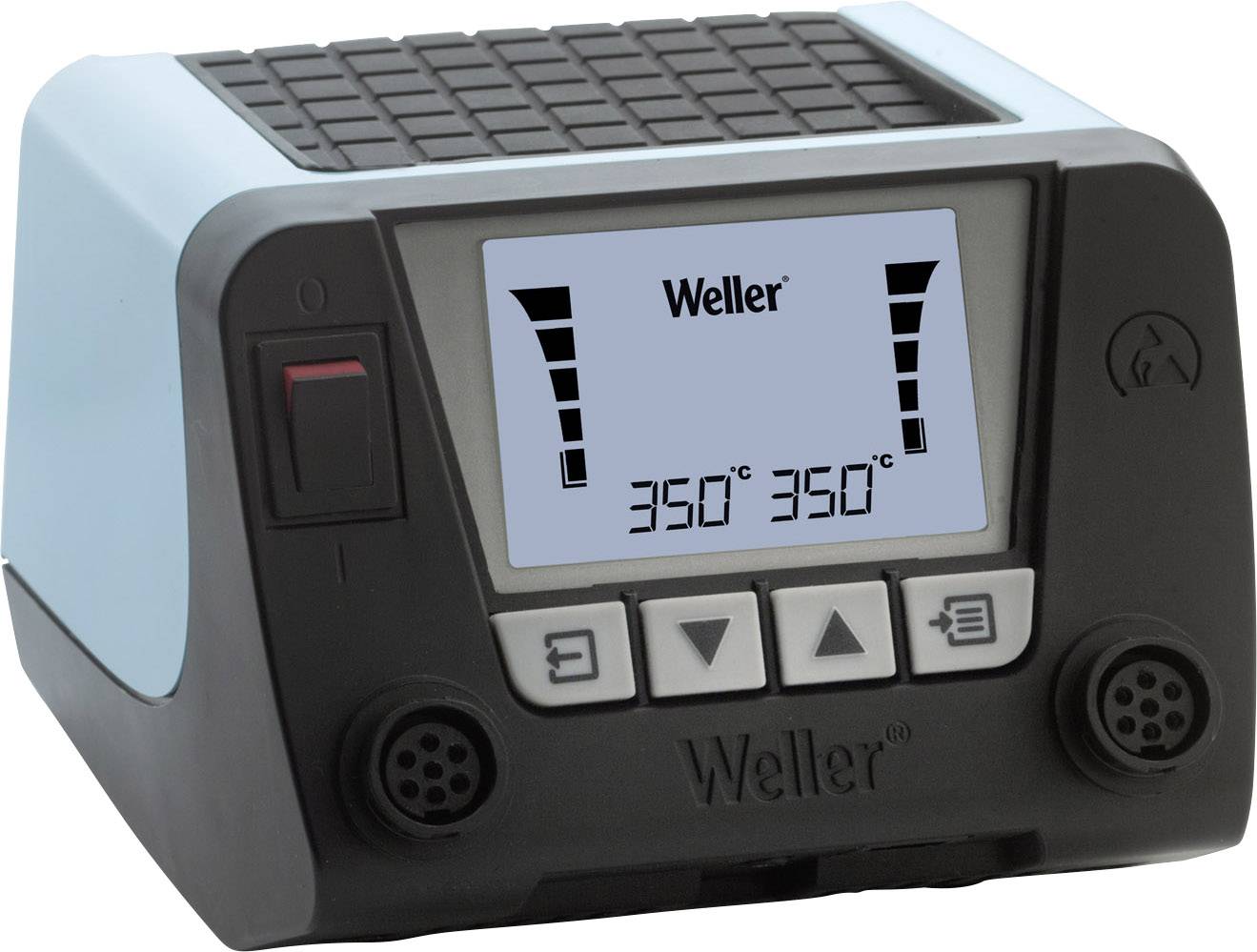Soldering station with digital display showing 'Weller' and temperature of 350°C. Two connections and control buttons on the front panel.