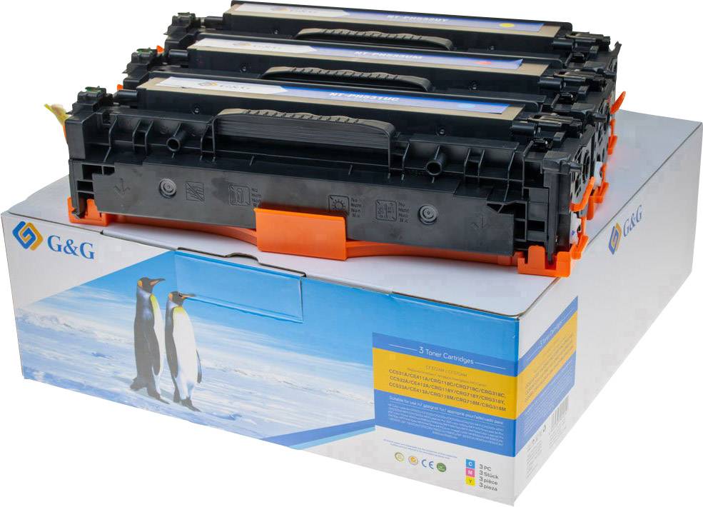 Four printer cartridges on packaging with a penguin image and 'G&G' logo. Packaging describes cartridge type and contents.