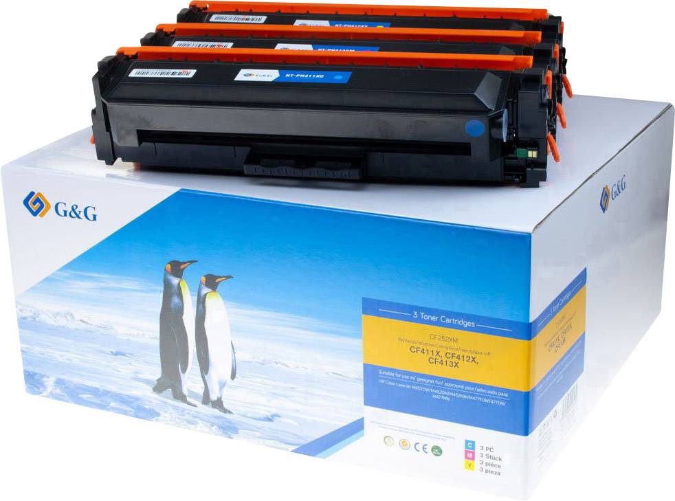 Printer cartridge by G&G on a white box with a penguin motif. Contains toner in Cyan, Magenta, Yellow and Black colours.