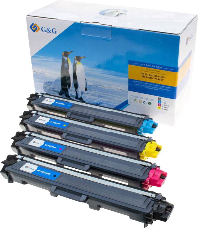 Four coloured printer cartridges (black, cyan, magenta, yellow) are laid side by side in front of a packaging with a penguin picture and G&G logo.
