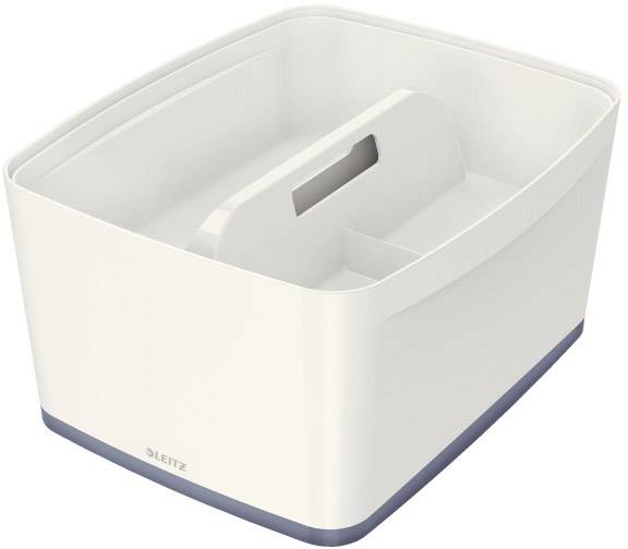 A white, rectangular storage basket with a carrying handle in the centre, used for organising office or household items.