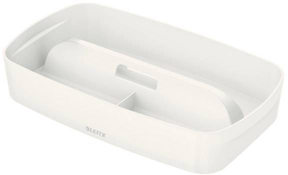 White Leitz organiser with two compartments for storing office supplies.