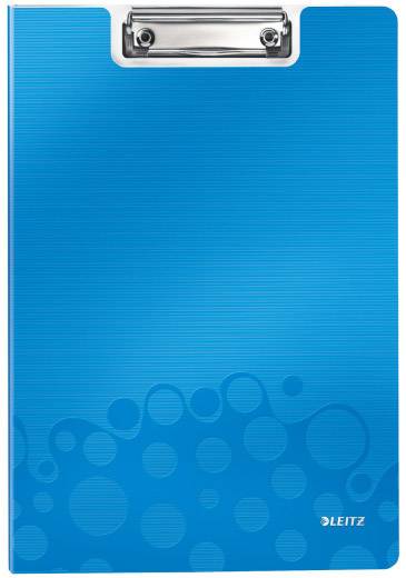 A blue clipboard folder with a metallic clip at the top and a circular pattern at the bottom.