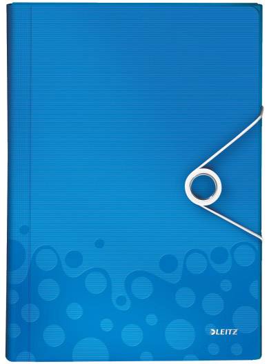 A blue document folder with a circular pattern and a white closure band. The brand name 'Leitz' is printed in the bottom right corner.