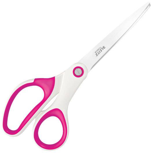 A white pair of scissors with pink handles on a white background.