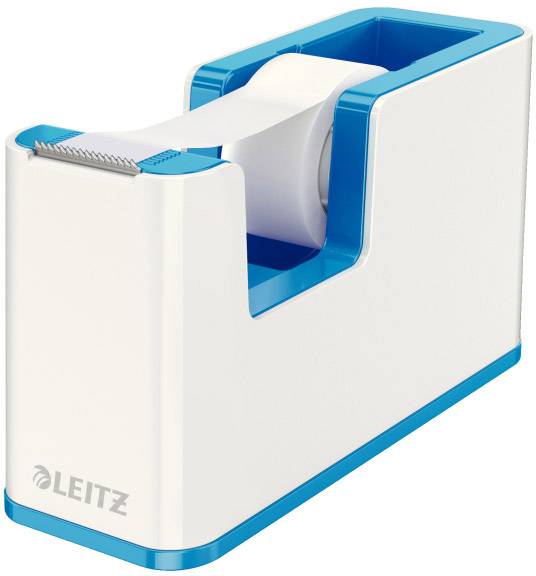 A white and blue Leitz tape dispenser with tape loaded, suitable for desk work.