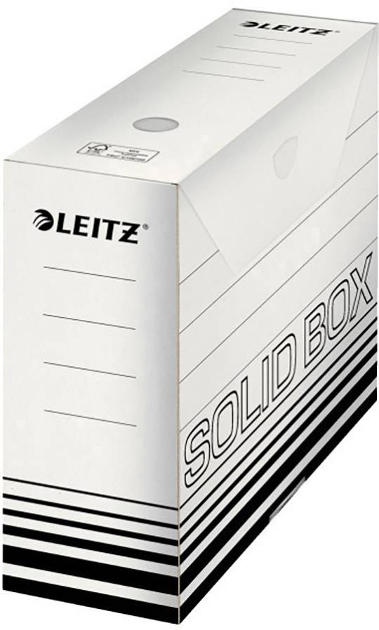 White archive box with 'LEITZ' and 'SOLID BOX' printed on it. It has lines on the side for labelling and is designed for organising documents.