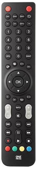 A black remote control with numbered buttons, volume control, channel selection, and playback buttons.