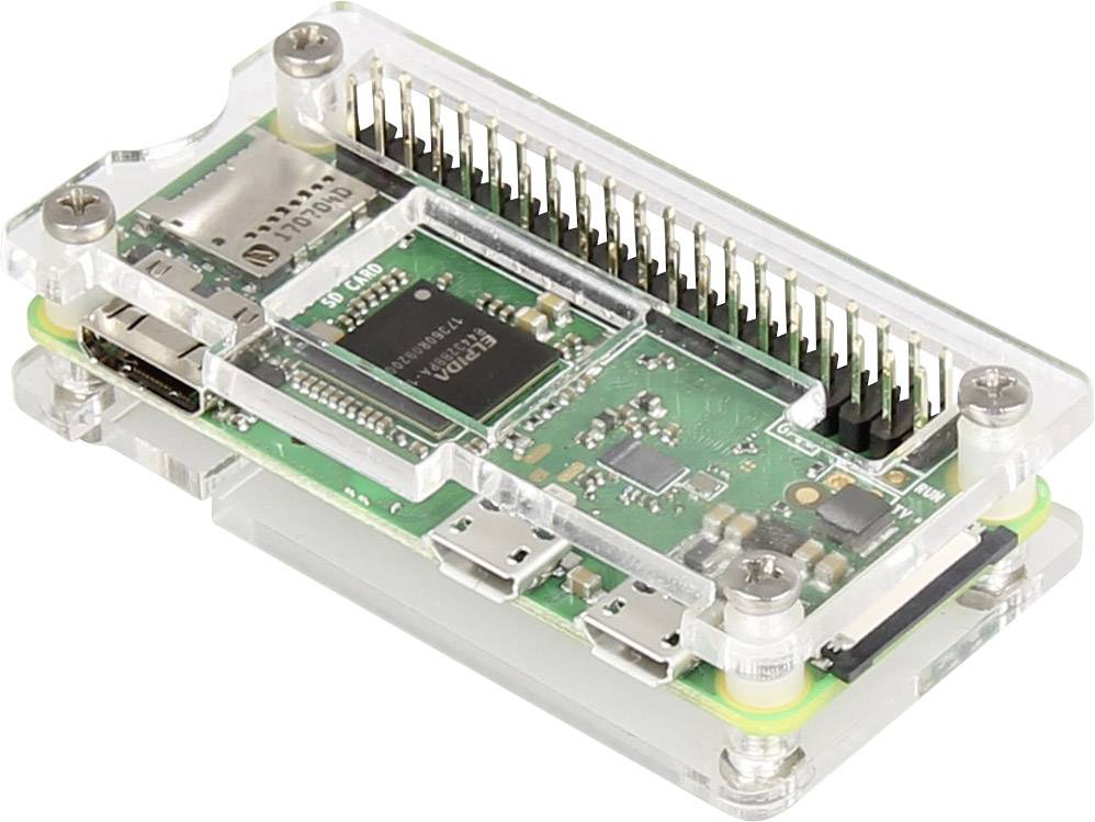 A Raspberry Pi Zero W in a transparent case reveals the main circuit board and ports such as Micro-USB and HDMI.