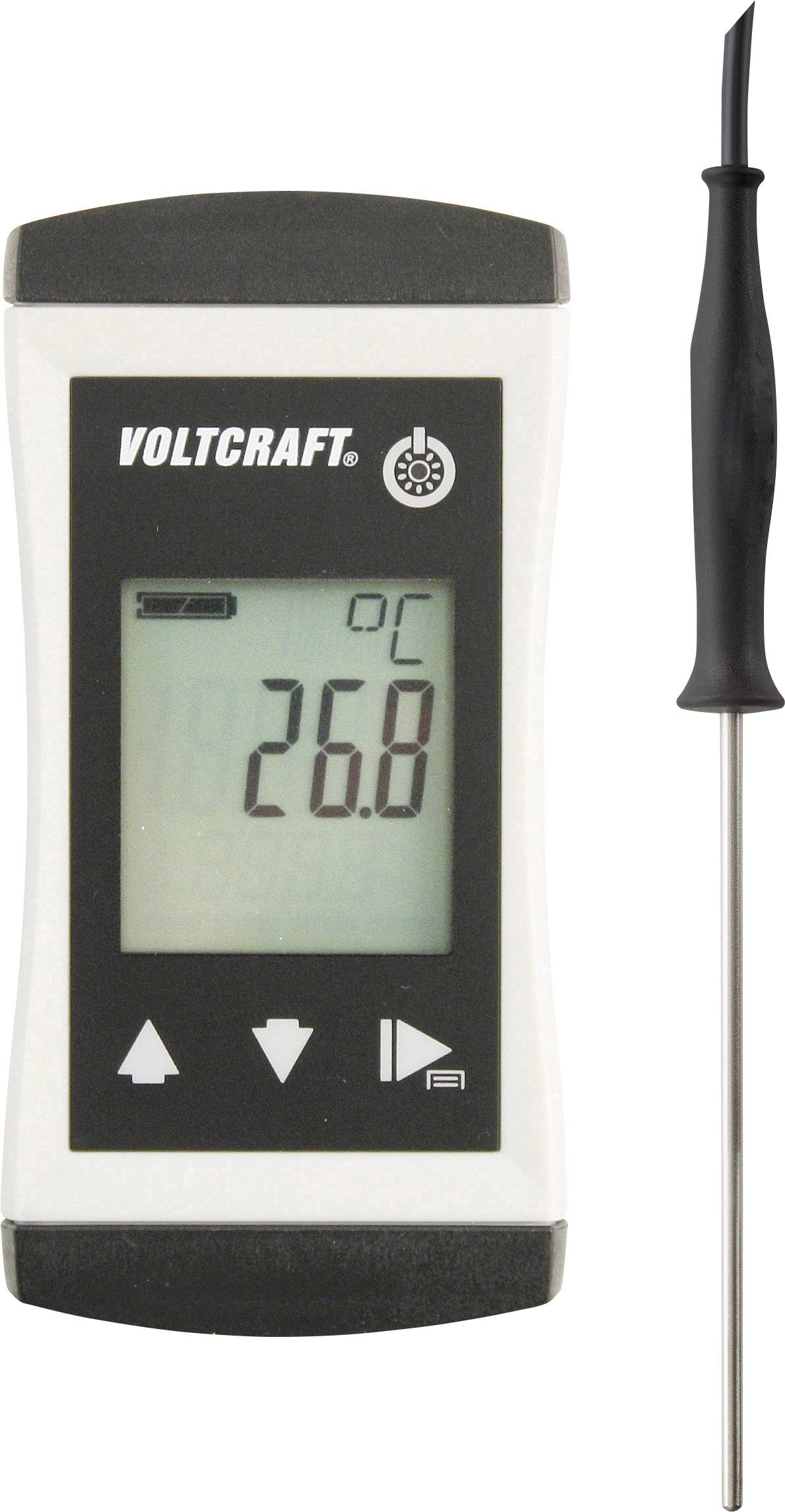 A hand thermometer with a digital display shows 26.8 degrees Celsius. To the right of the device is a probe tip.
