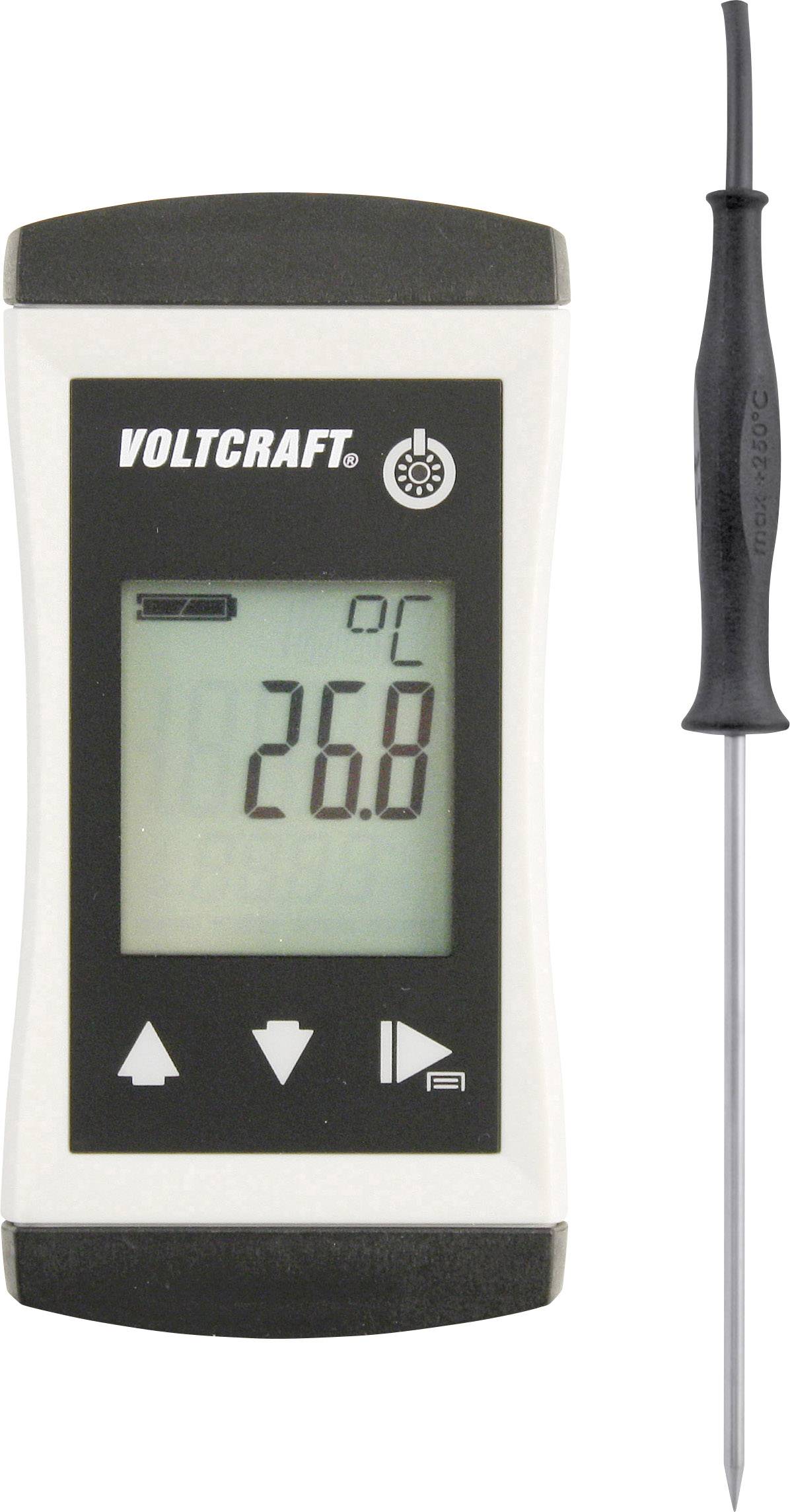 Digital thermometer with hand electrode, displaying 26.8 °C on the screen.