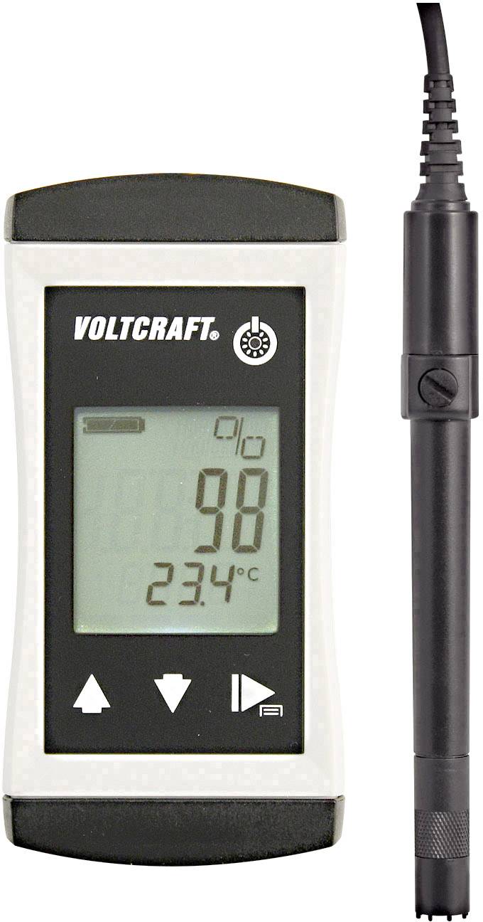 Portable digital measuring device with display showing '98' for humidity and '23.4°C' for temperature. A cable with sensor is connected.