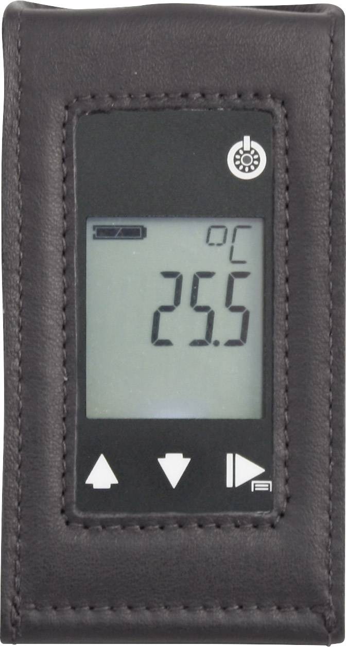 Digital thermometer in a leather case showing 25.5 degrees Celsius. Control buttons for temperature regulation underneath.