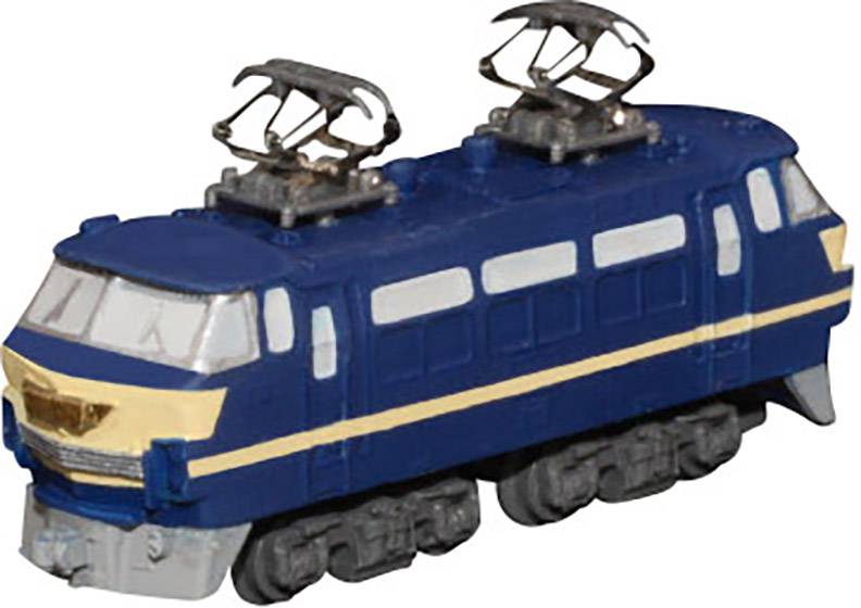 Blue toy electric locomotive model with yellow stripes and two pantographs on the roof.