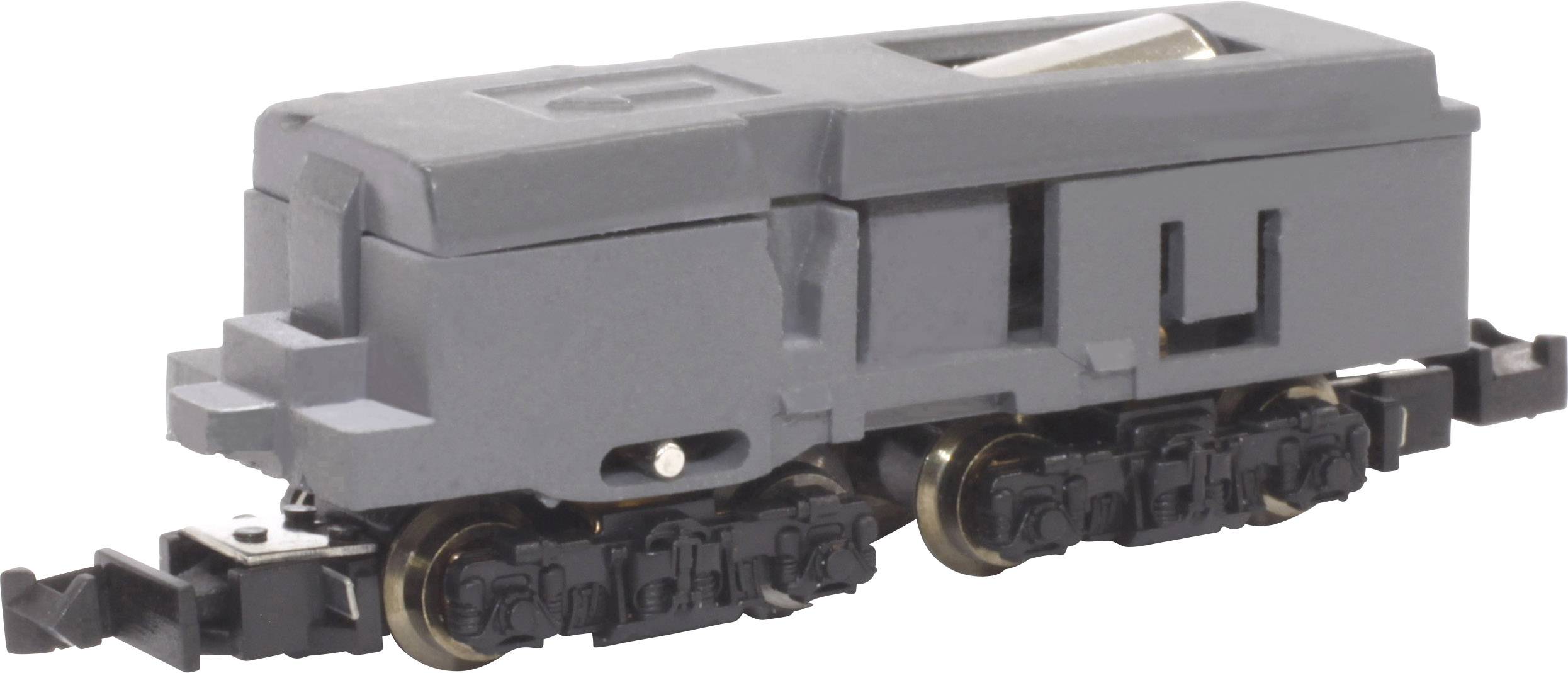 Grey model of a goods wagon on rails, detailed replica with visible wheels and couplings.