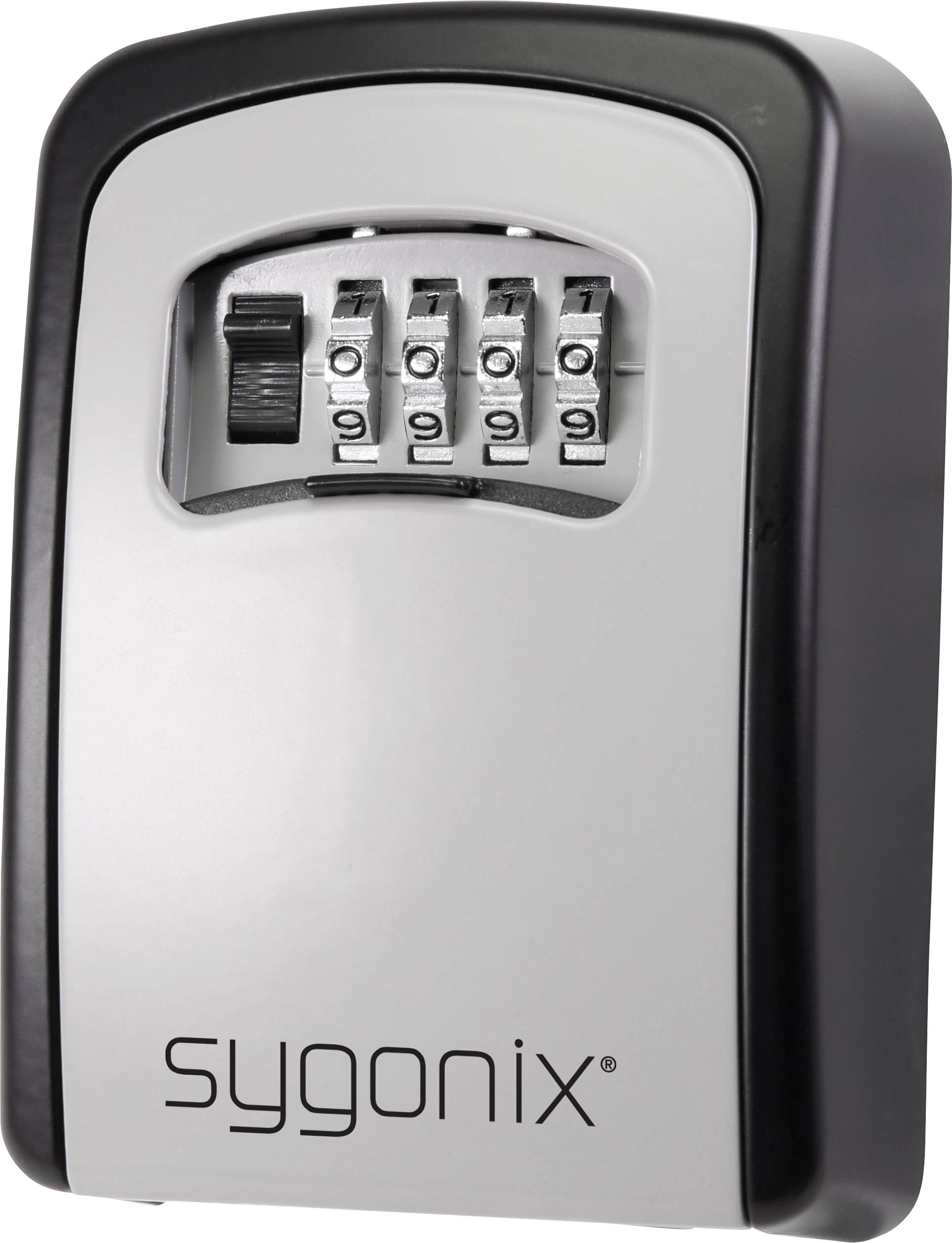 A black and silver combination padlock with four-digit setting, brand name 'sygonix' visible on the front.