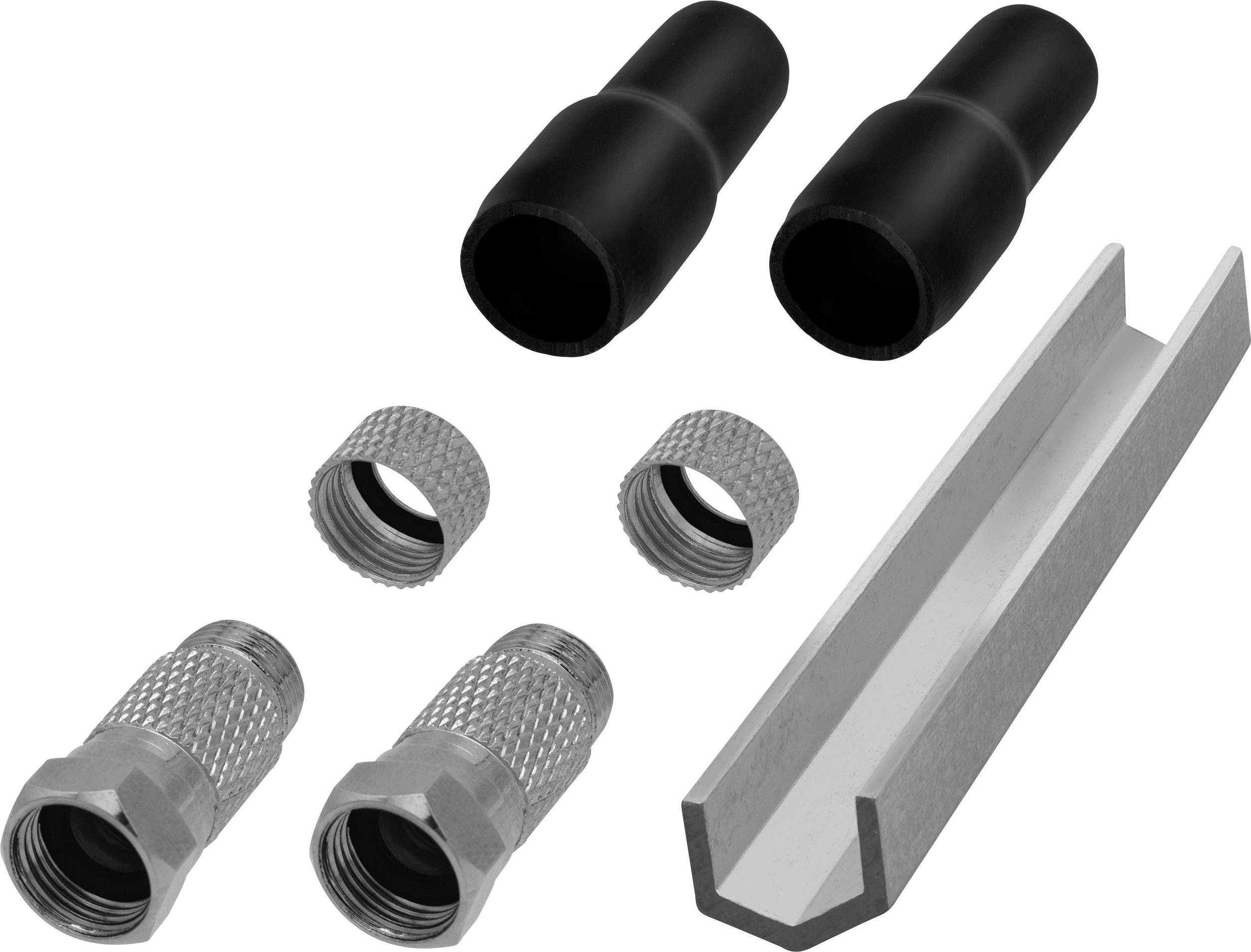 Two black screw protective covers, two metallic screw connectors and a silver L-shaped bracket, on a white background.