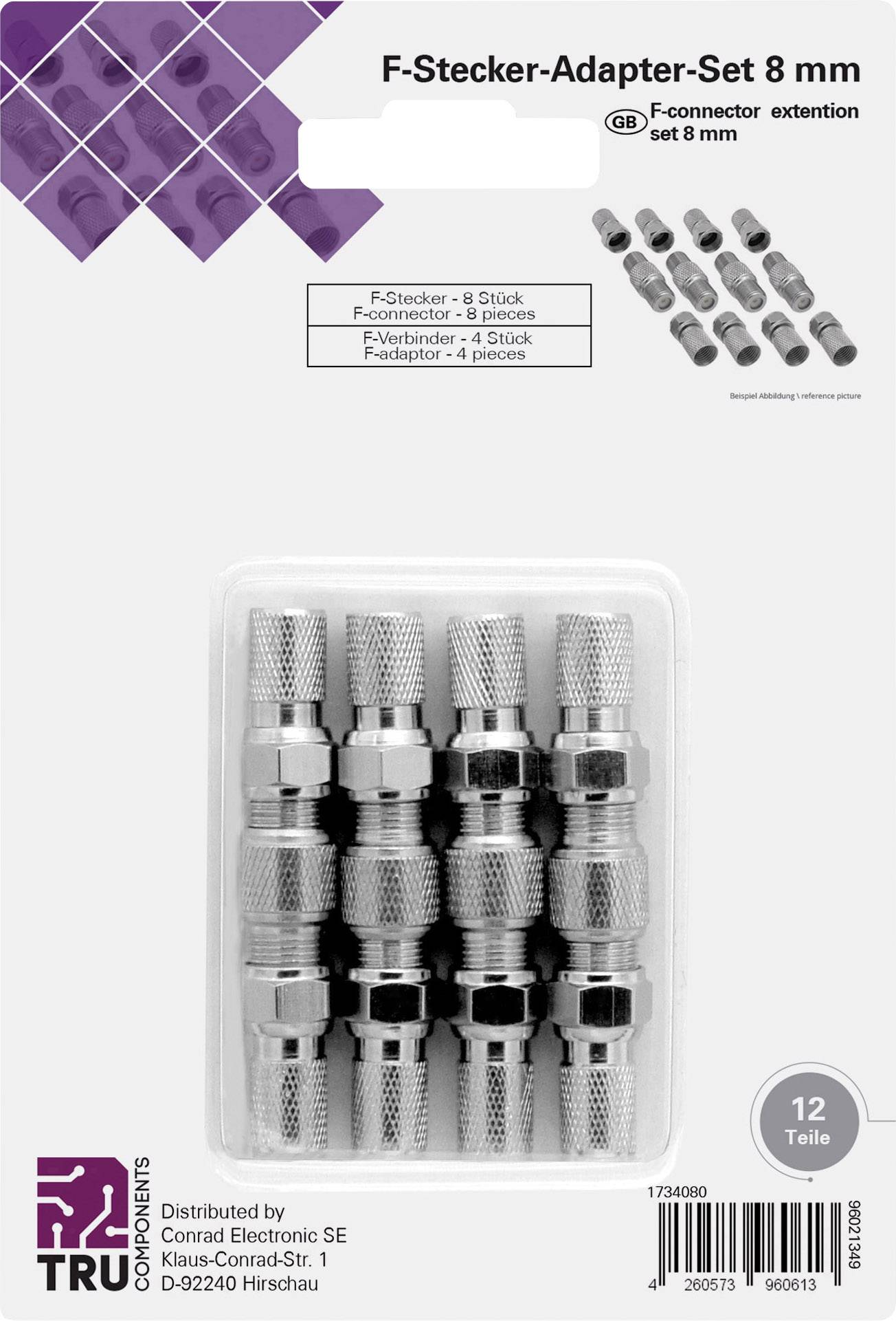 'F-Connector Adapter Set 8 mm', shows 12 adapters, arranged in two rows of 6. Packaging is white, manufactured by TRU Components.