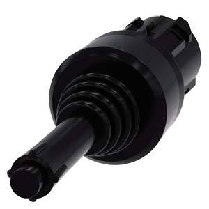 Black, cylindrical automotive component with a ribbed casing and elongated shaft.