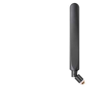 A black external antenna used for wireless communication. It is vertically aligned and has a connection at its base.