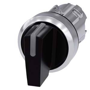 Rotary switch with silver rim and black handle, in neutral position.