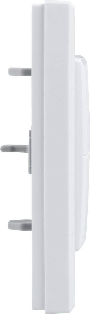 Side view of a white three-pin plug, showing the flat pins and the casing.