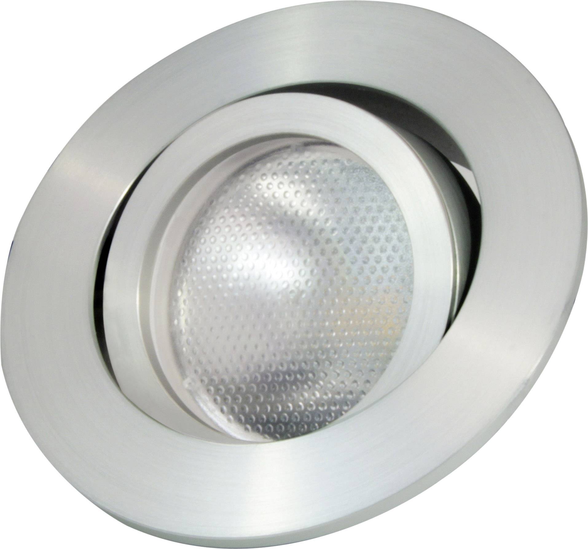 Round, silver recessed light with a structured glass diffuser, suitable for ceiling mounting. Ideal for modern interior lighting.