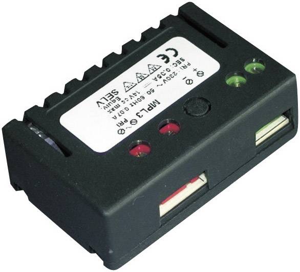 A rectangular electrical component with 'SELV' labelling, rounded corners, two USB ports and LED lights.