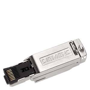 A metal plug with the inscription 'Siemens', presumably a network adapter, shows connection ports and technical details.