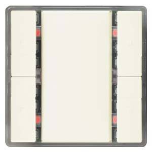 A white, square light switch with six smaller grey buttons around the edges, likely for various functions.